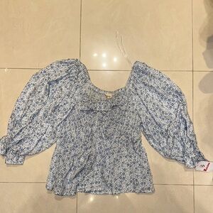 Millibon Gray and Blue Smocked Ruffled Blouse